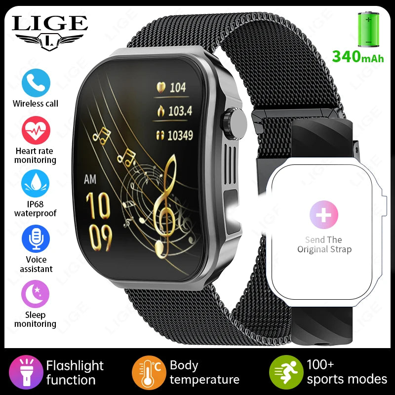 LIGE BWU15 Smart Watch – 2.2" 3D Curved Screen, BT Calling, Heart Rate, Blood Oxygen & 100+ Sports Modes | IP67