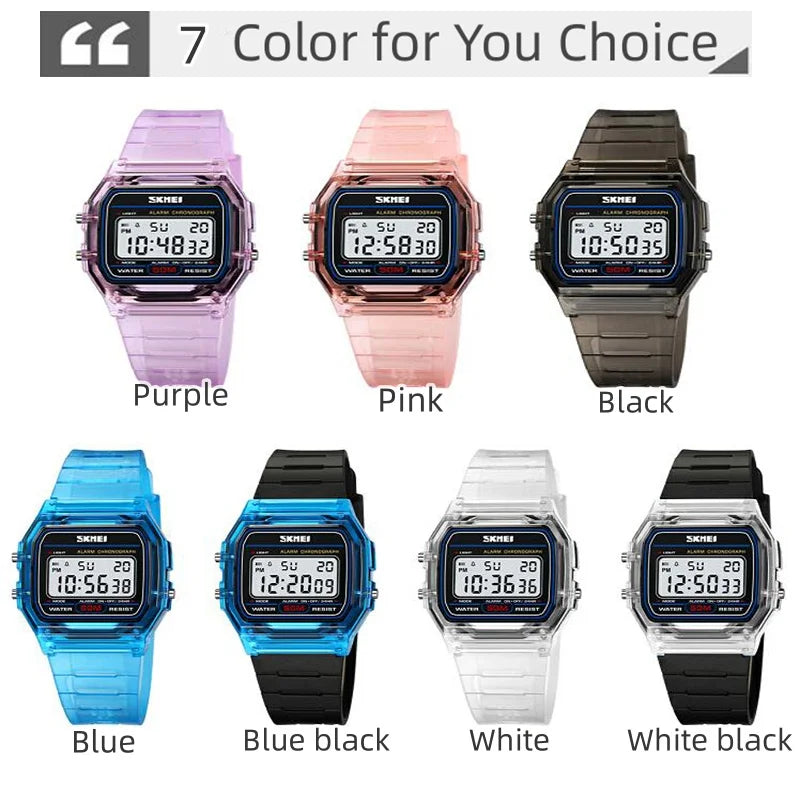 Skmei Women Digital Watches Fashion Transparent Case TPU Strap Led Waterproof Swimming Sports Wristwatch Female Alarm Clock