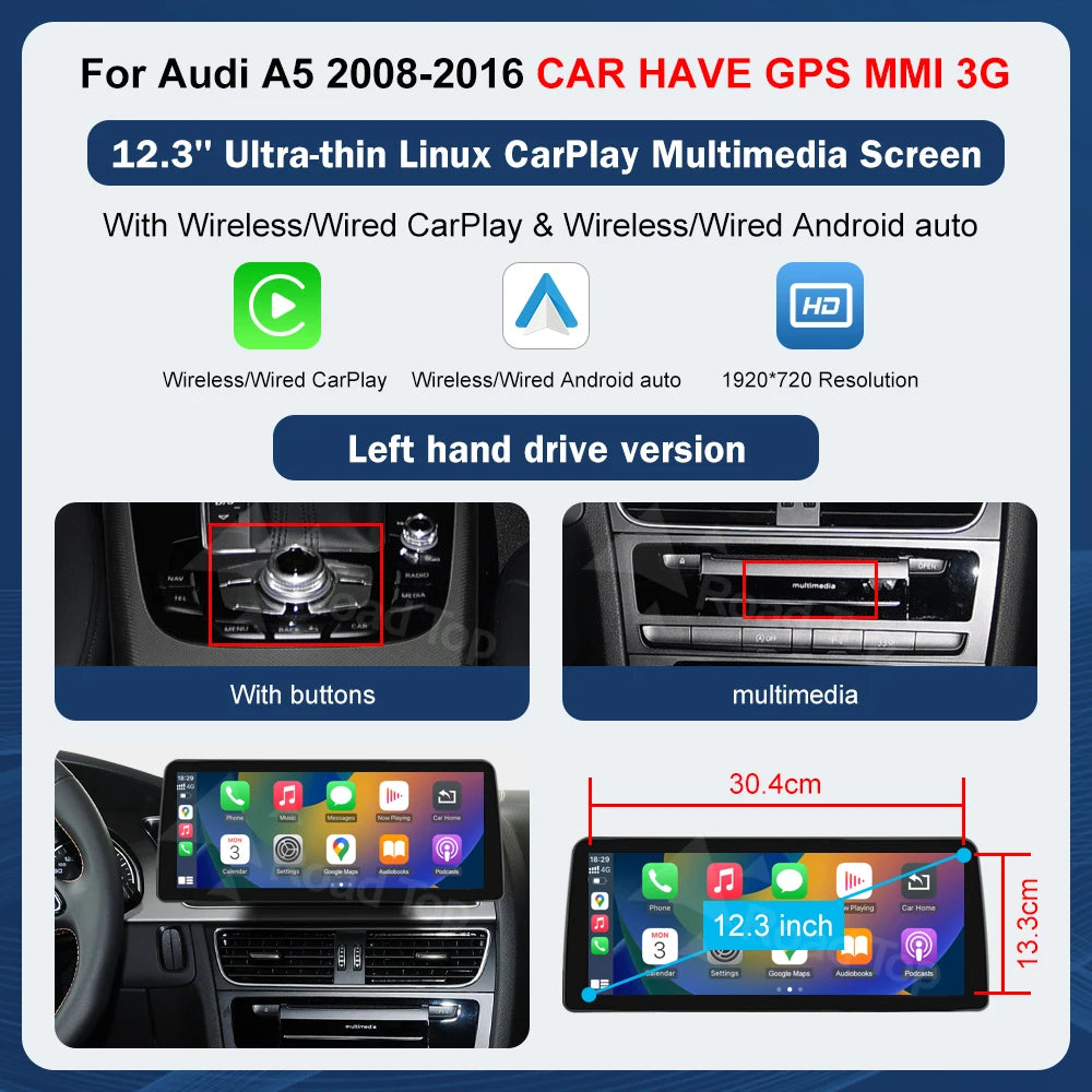 8.9 Inch 12.3"" Multimedia Display Touch Screen For Audi A5 S5 2008-2016 Airplay Miracast Function Wireless Carplay Android Auto