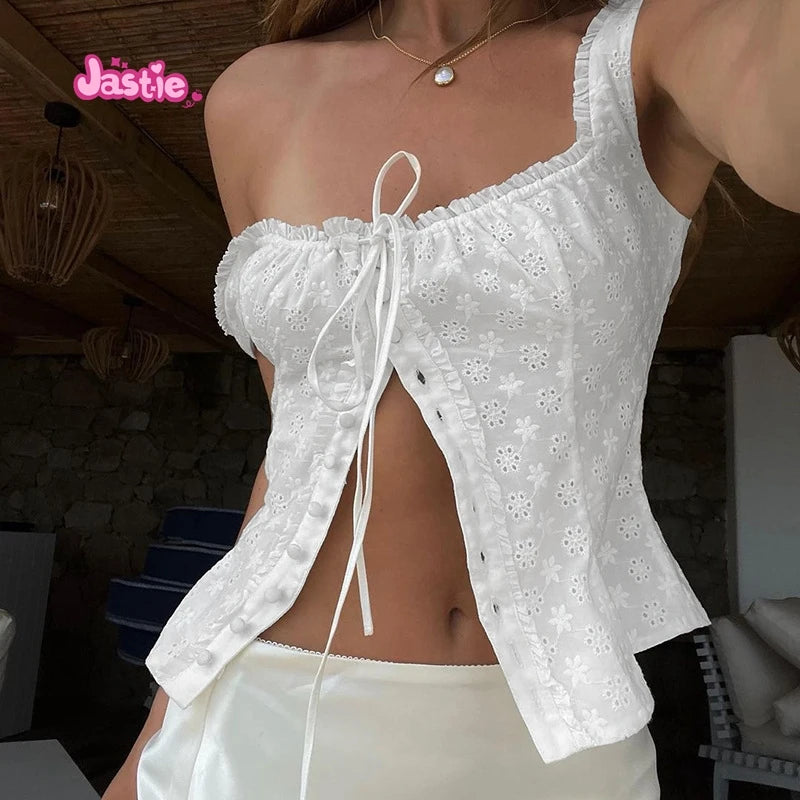 White Lace Tied Square Neck Summer T-shirts Chic Elegant Short Sleeve Tee Cotton Y2K Street Casual Bow Tie-up Top Women
