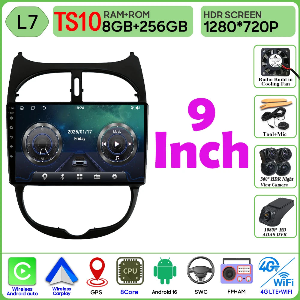 Android 16 Car Radio For Peugeot 206 206CC 1998-2012 Car Stereo Bluetooth 4G Wifi GPS Navigation Screen Wireless Carplay Monitor