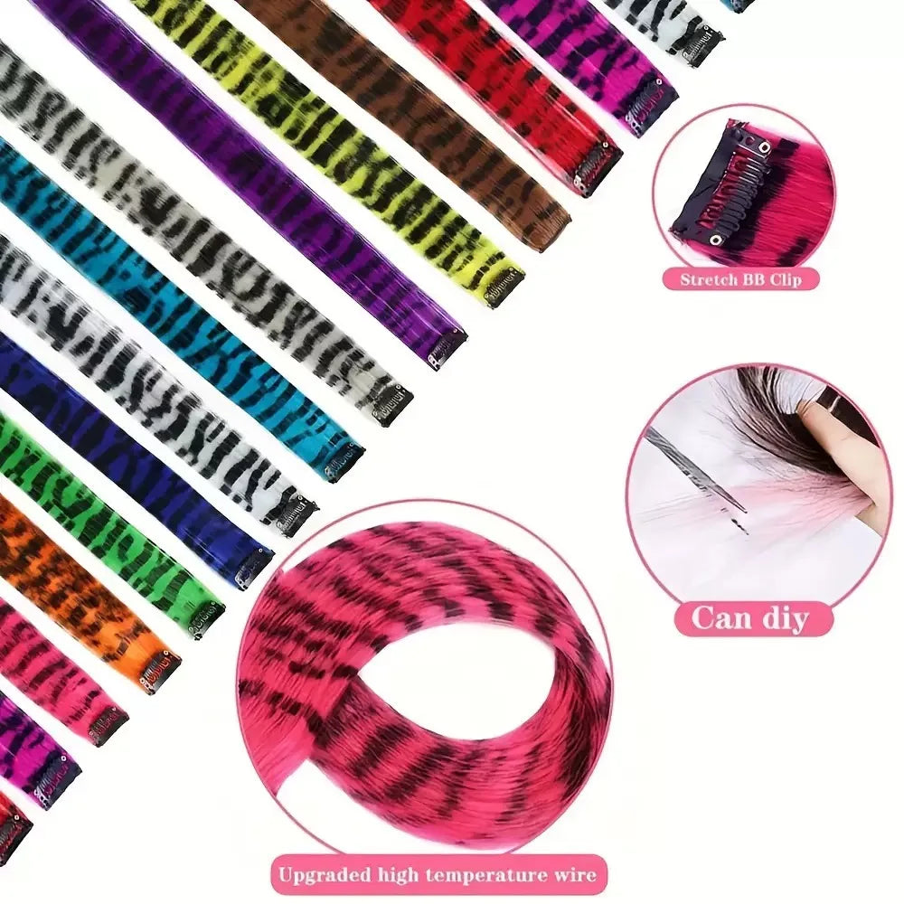 3pcs/set Stripe Printed Hair Colorful Long Straight Hair Pieces Synthetic Clip-in Hair Extensions for Daily Use Party Halloween