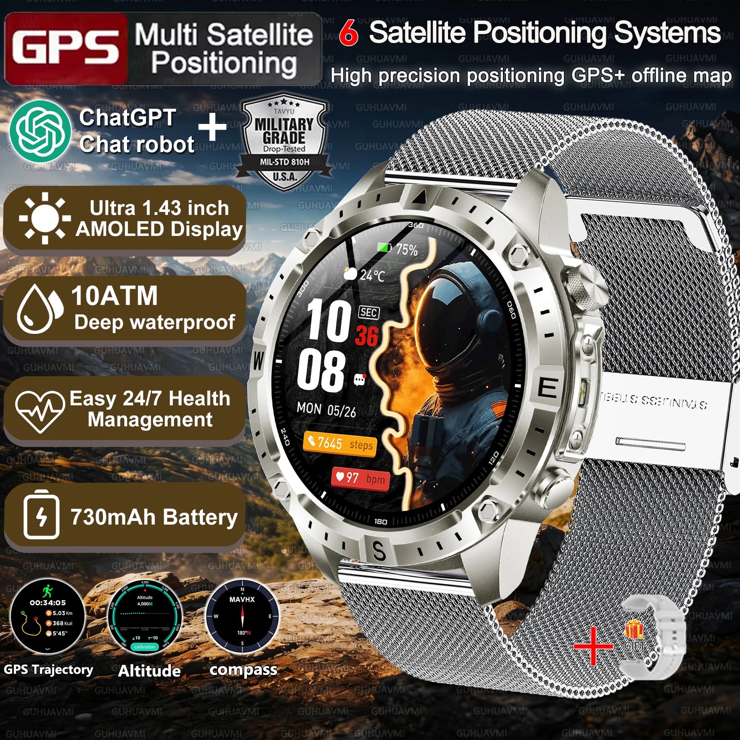 Military-Style GPS Smart Watch — Offline Maps, 10ATM, 2GB RAM