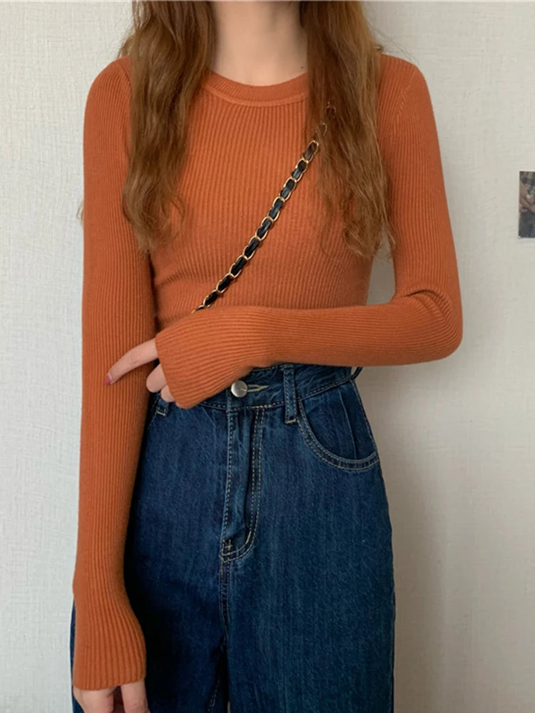 Women Sweater 2026 Autumn Winter Long Sleeve Pullover Basic Top Fashion O-neck Elastic Female Winter Solid Knitted Jumper