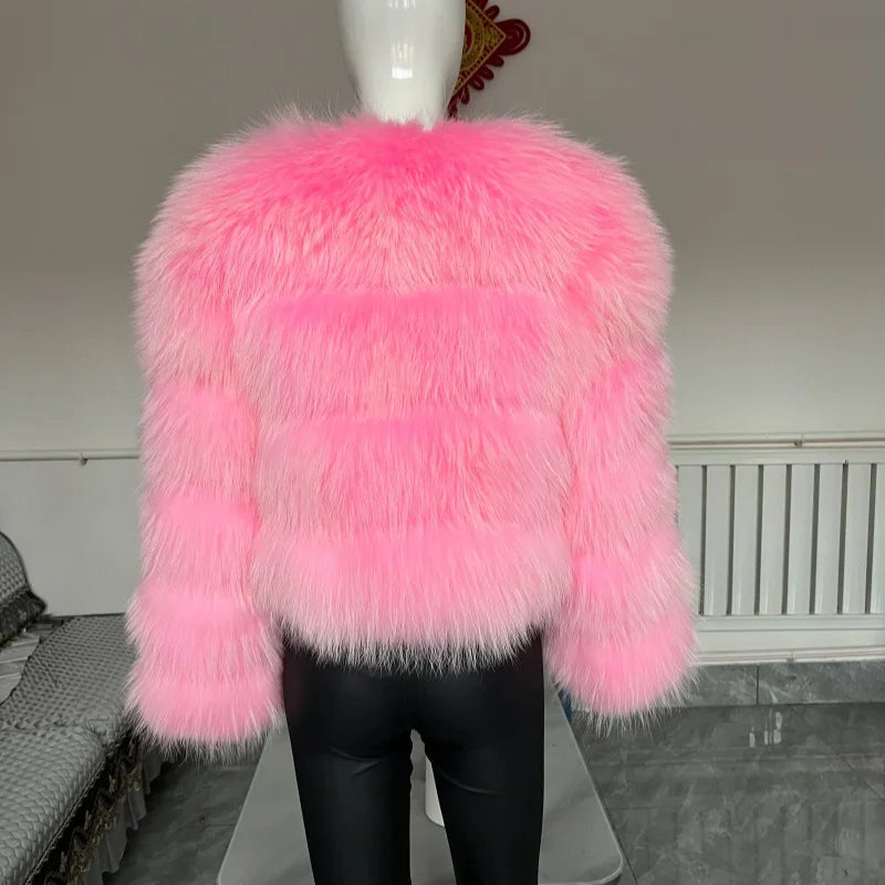 Women's Hooded Raccoon Fur Coat, Turn-Down Collar