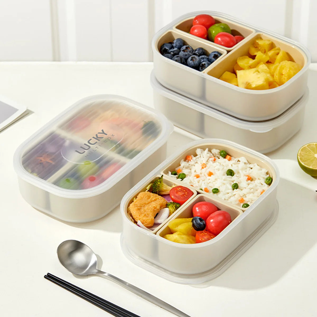 WORTHBUY 3 Grids Microwave Plastic Lunch Box Portable Detachable Fruit Bento Box Stackable Food Container For School Office