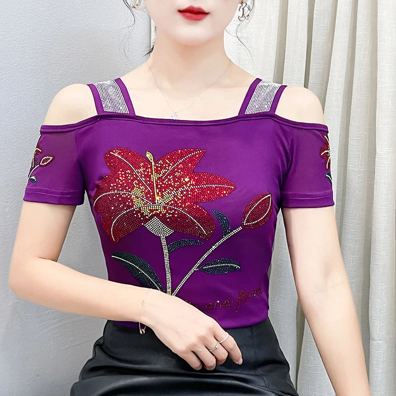 Women's Off-Shoulder Rhinestone Mesh Top