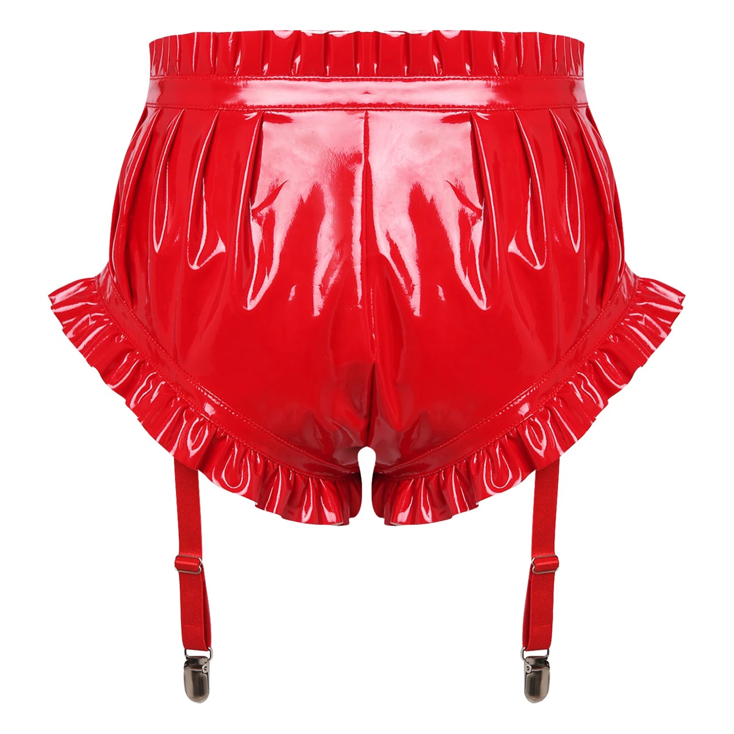 Womens Wet Look Lingerie Latex Shorts Patent Leather Ruffle Trim with Garter Clips Ruched Bloomer Shorts Glossy Rave Clubwear