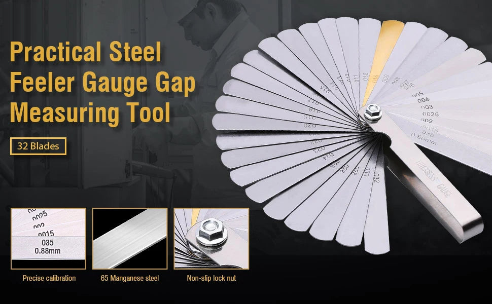 32 Blades Feeler Gauge Set Stainless Steel Dual Marked Metric and Standard SAE Valve Thickness Gauge Gap Measuring Tool