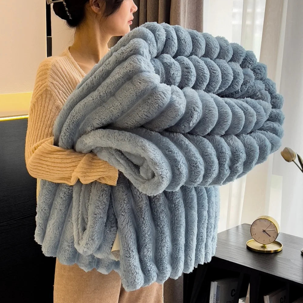 Striped Fluffy Throw Blanket, 250 GSM Soft Bed Blanket