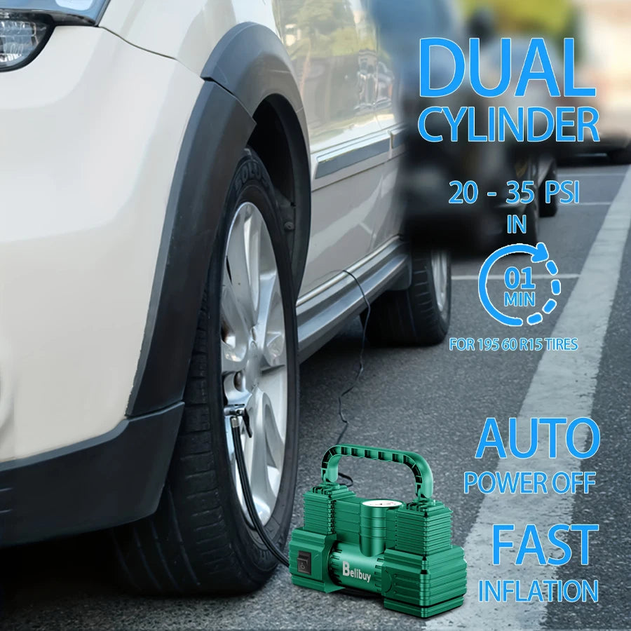 Ultra-Fast Car Tire Pump | 12V Plug-in, 5 Mins Full Inflation, Compact & Corded