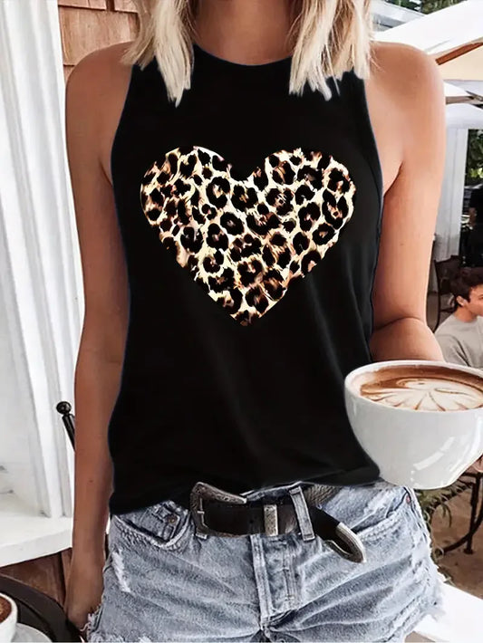 Leopard Heart  Design Printed Vest T-shirt Graphic Print Tank Top Women’s Sleeveless Crew Neck Casual Top for Summer Spring