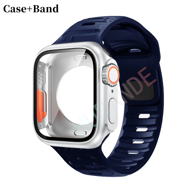 Silicone strap For Apple Watch 44mm 45mm 41mm 40mm Bracelet+Screen protectores Change to Ultra For iWatch Series 9 8 7 SE 6 5 3