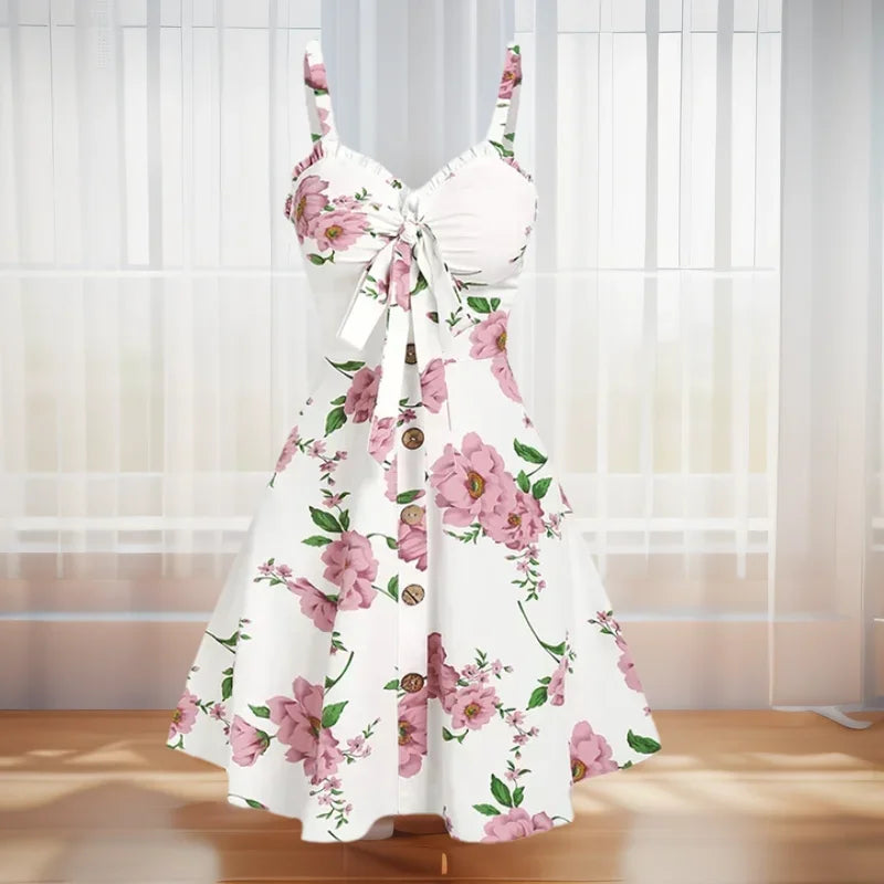 Dressfo 2026 Women's Floral Print Vacation Sundress Garden Party Dress Summer Ruffled Bowknot Mini Dress Vestidos