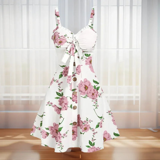 Dressfo 2026 Women's Floral Print Vacation Sundress Garden Party Dress Summer Ruffled Bowknot Mini Dress Vestidos