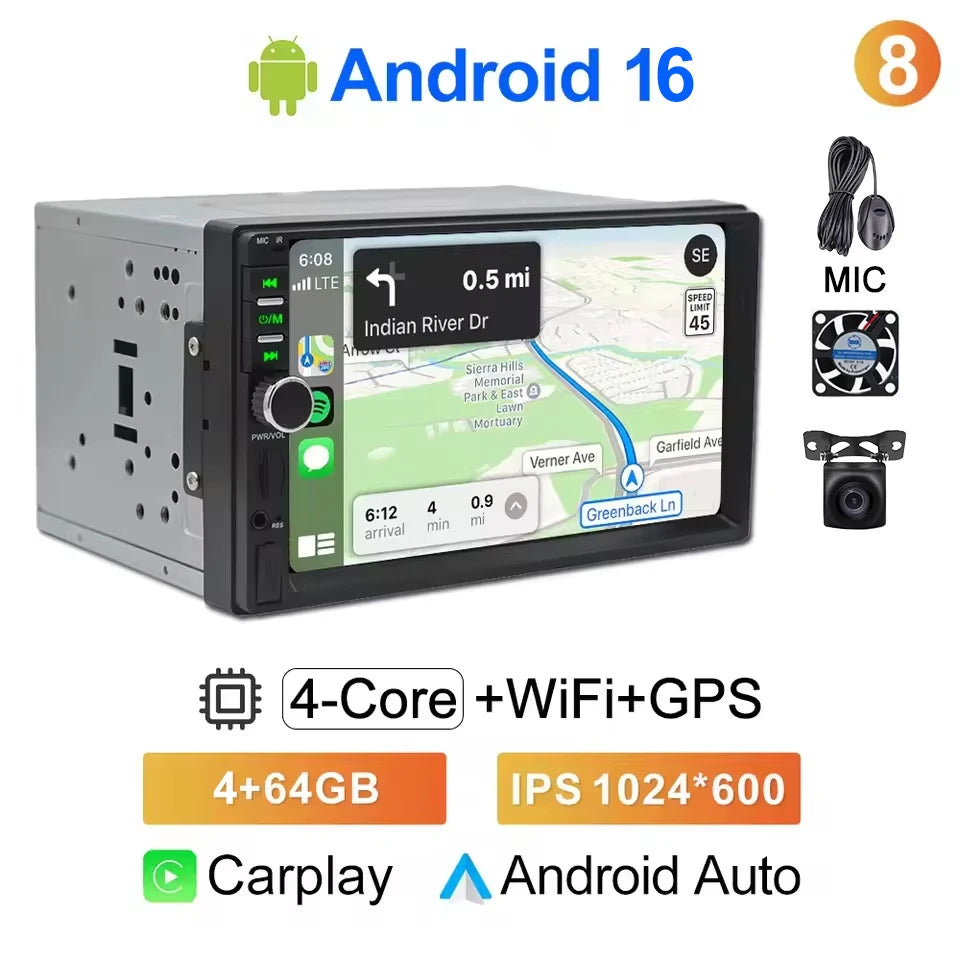 CAIXI Universal 2-DIN Android 14 Car Stereo — CarPlay, Android Auto, GPS for Toyota, Nissan, Jeep, Hyundai, Kia, Chevrolet, VW, Fiat