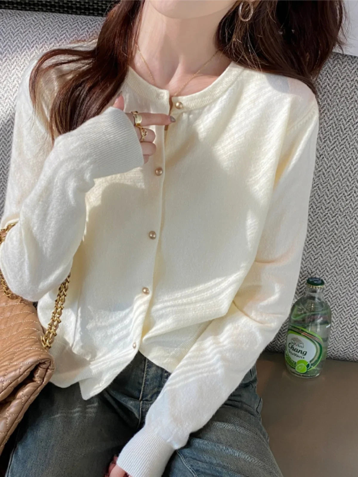 Women's round neck knit cardigan, button front — view 2 of 20