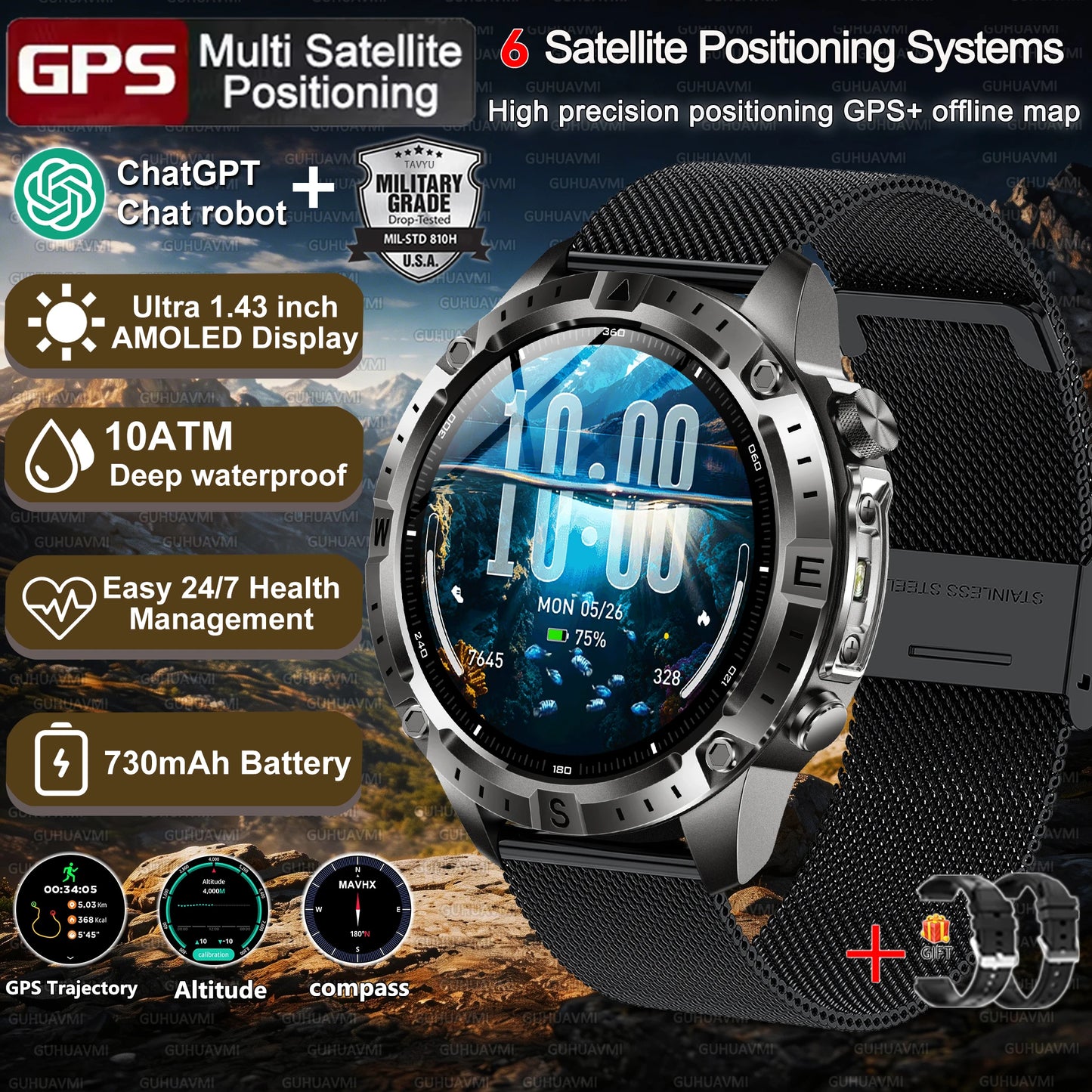 Military-Style GPS Smart Watch — Offline Maps, 10ATM, 2GB RAM