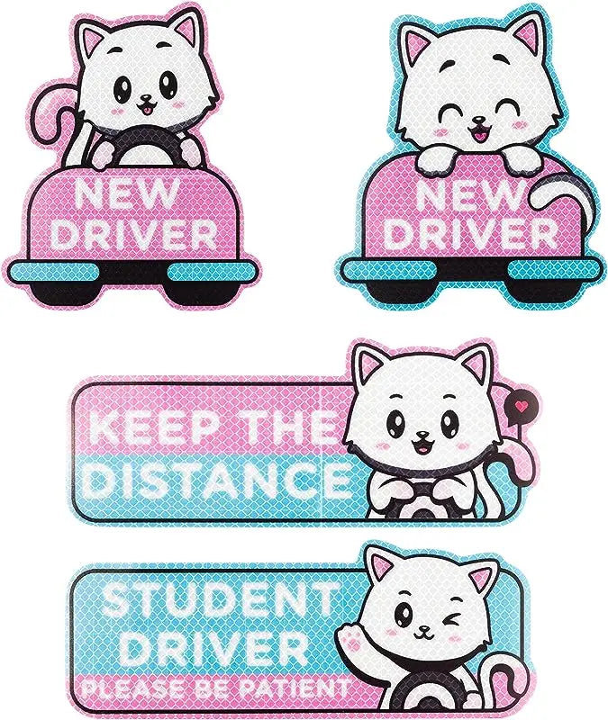 Cartoon Cat Student Driver Car Magnet – Cute Reflective New Driver Safety Bumper Sticker (Reusable)