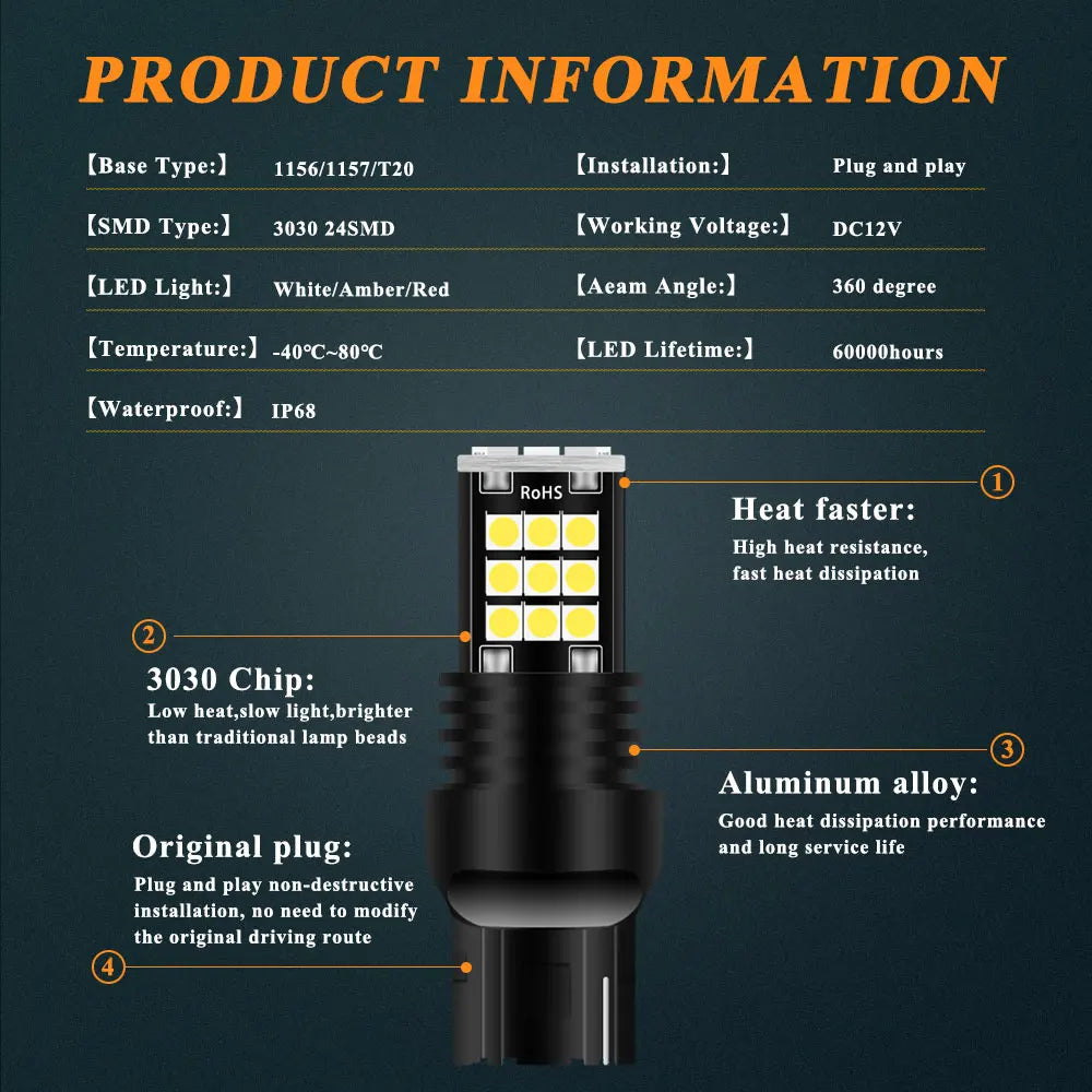2Pcs T20 7440 Led Turn Signal Light W21W Reverse Light Bulb 3030SMD Universal Car 7443 W21/5W Amber Red Led Brake Light 12V
