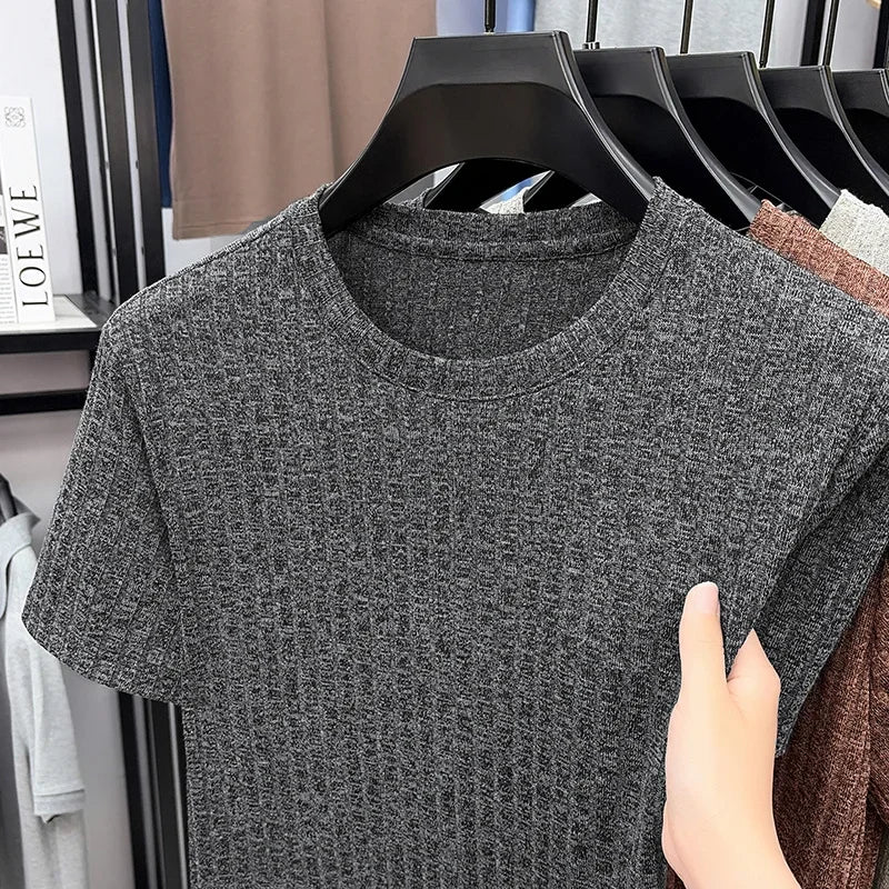 Men's Vertical Ribbed Tee - Crew Neck, Soft Elastic Daily Fabric