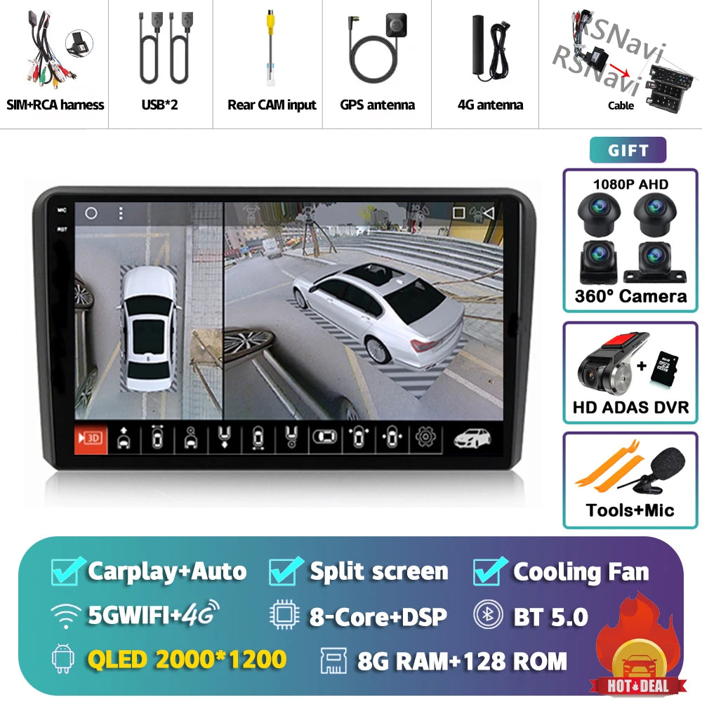 Android 16 Carplay Auto GPS Navigation For Audi A3 8P 2003 - 2013 Radio Multimedia Player 2Din Head Unit Video Stereo Car Radio