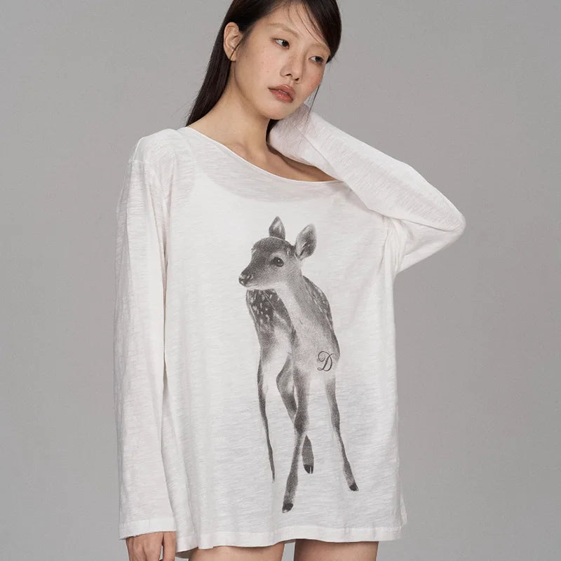 Kimotimo Summer Print Off Shoulder Long Sleeve T-shirt Women 2026 New Casual Transparent Loose Lazy Top Kpop Fashion Y2k Tees