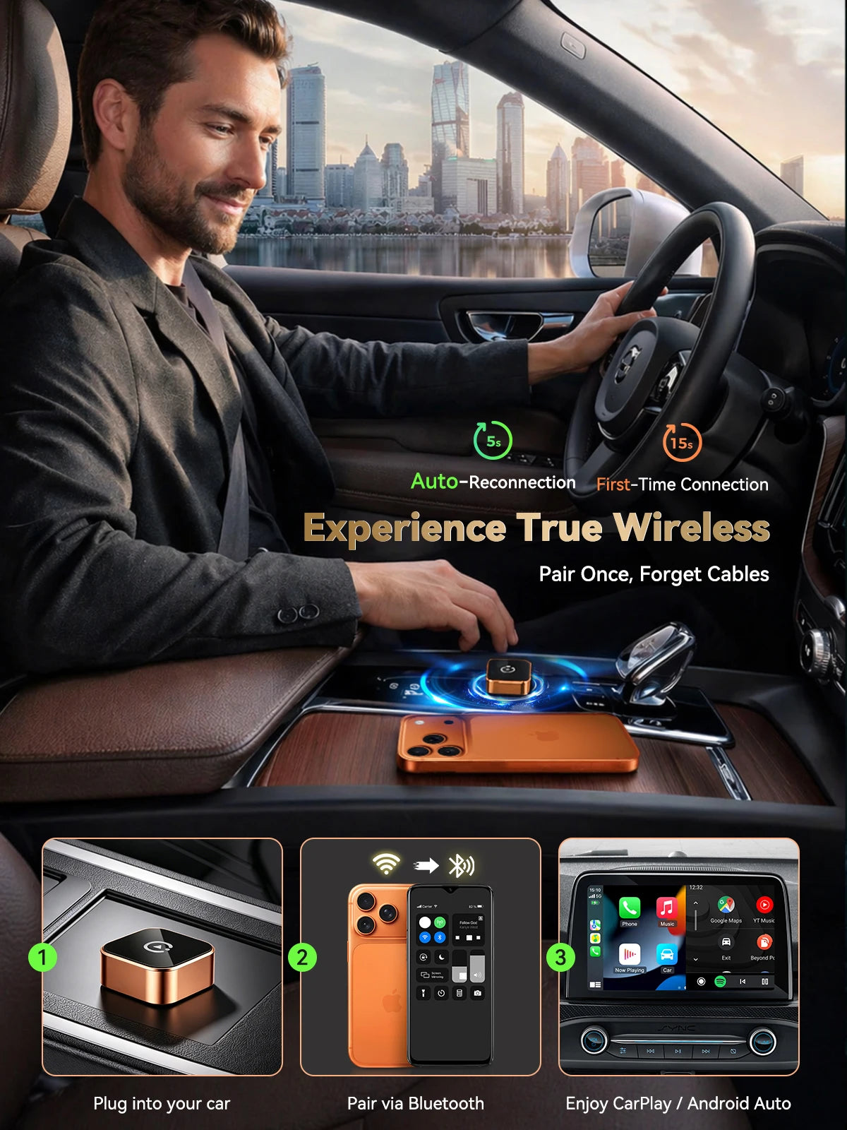 Wireless CarPlay & Android Auto Adapter (USB-C) — Converts Wired to Wireless, Plug & Play Auto-Connect