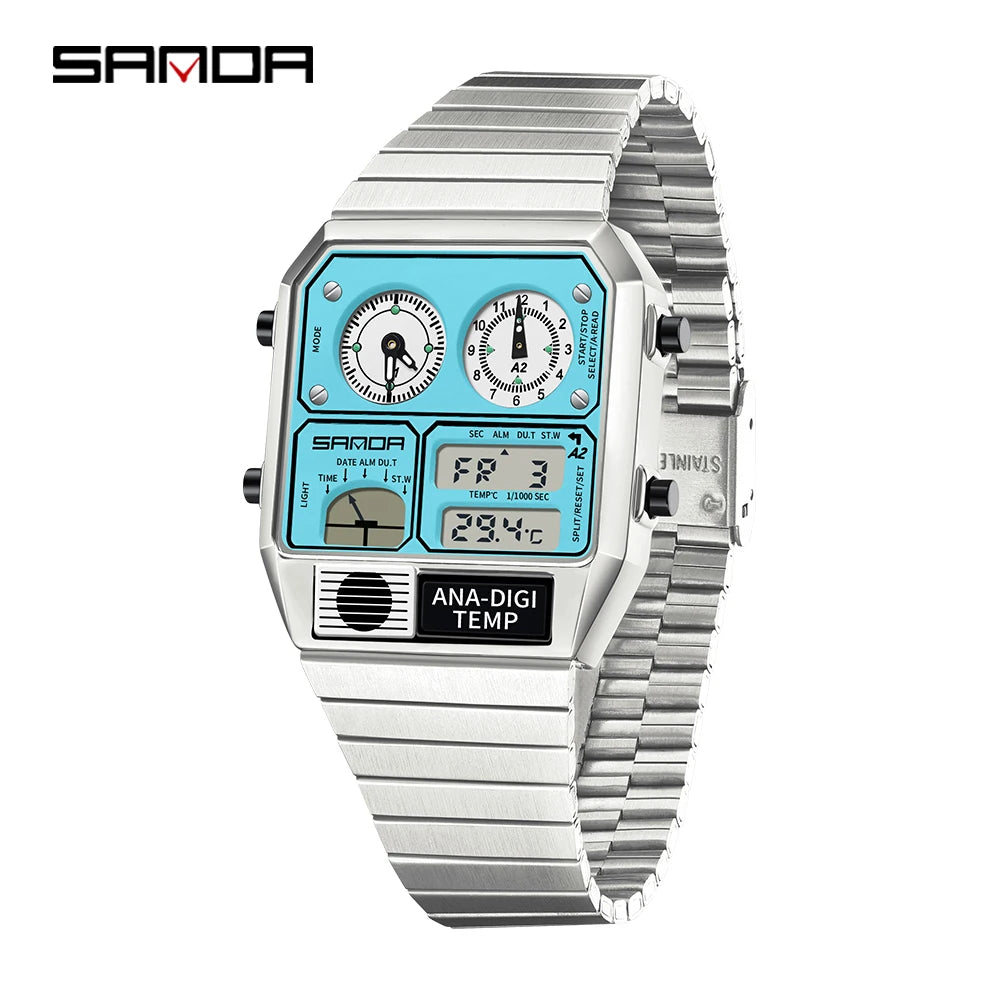 SANDA 3192 Men's Sport Watch – Analog-Digital LED, Waterproof, Stainless Steel