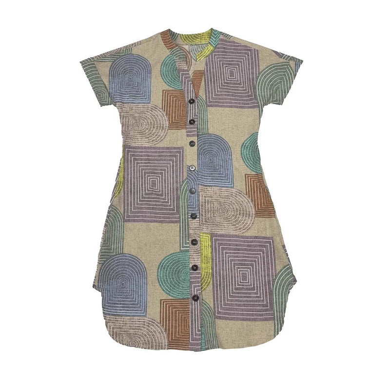 2026 European and American women's clothing foreign trade Amazon summer geometric printing elegant V-neck button up dress