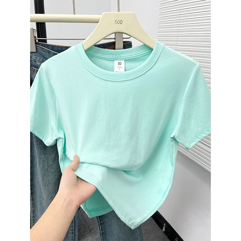 Women's Solid Short Sleeve Tee — Casual Y2K Top