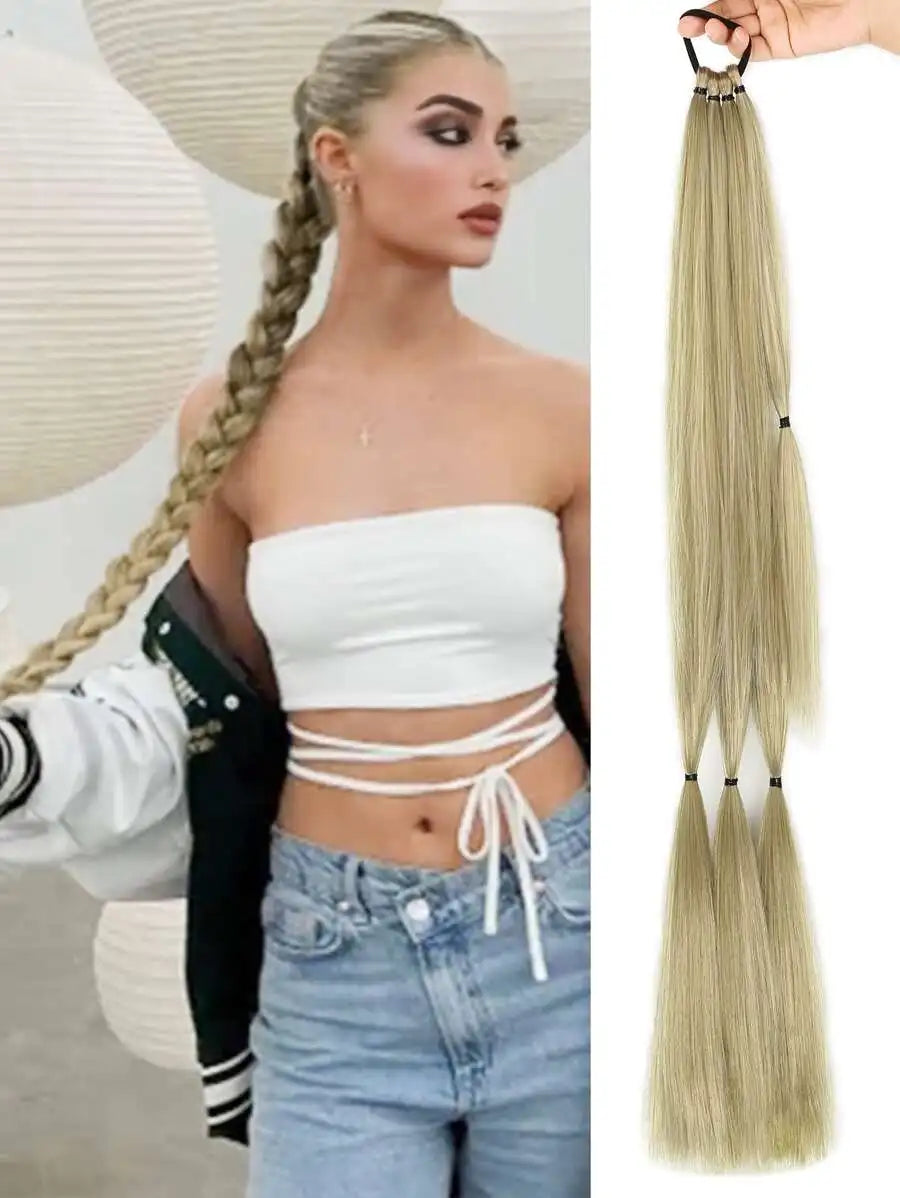 Long Braided Ponytail Hair Extensions With Hair Tie, Straight Wrap-Around Synthetic Hair, Natural Soft