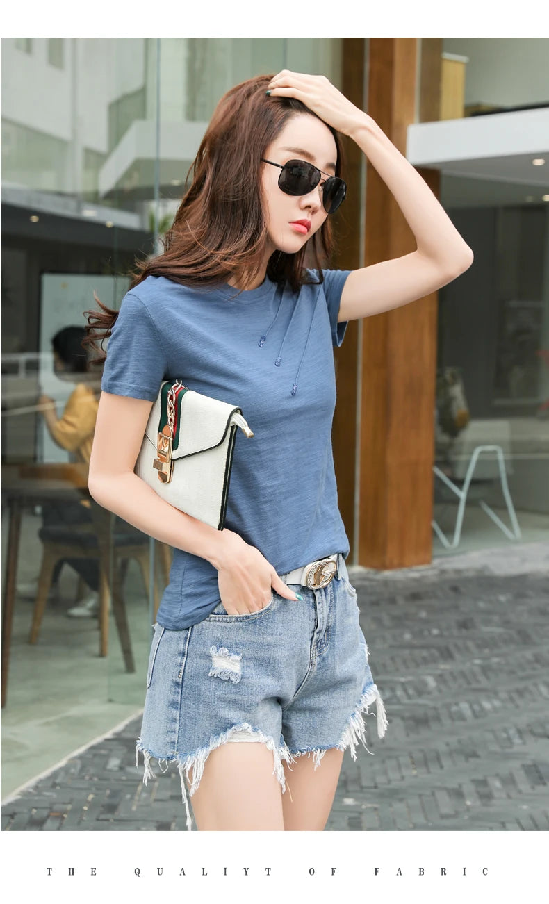 Women's Slub Cotton Button Tee — Loose Crew Neck