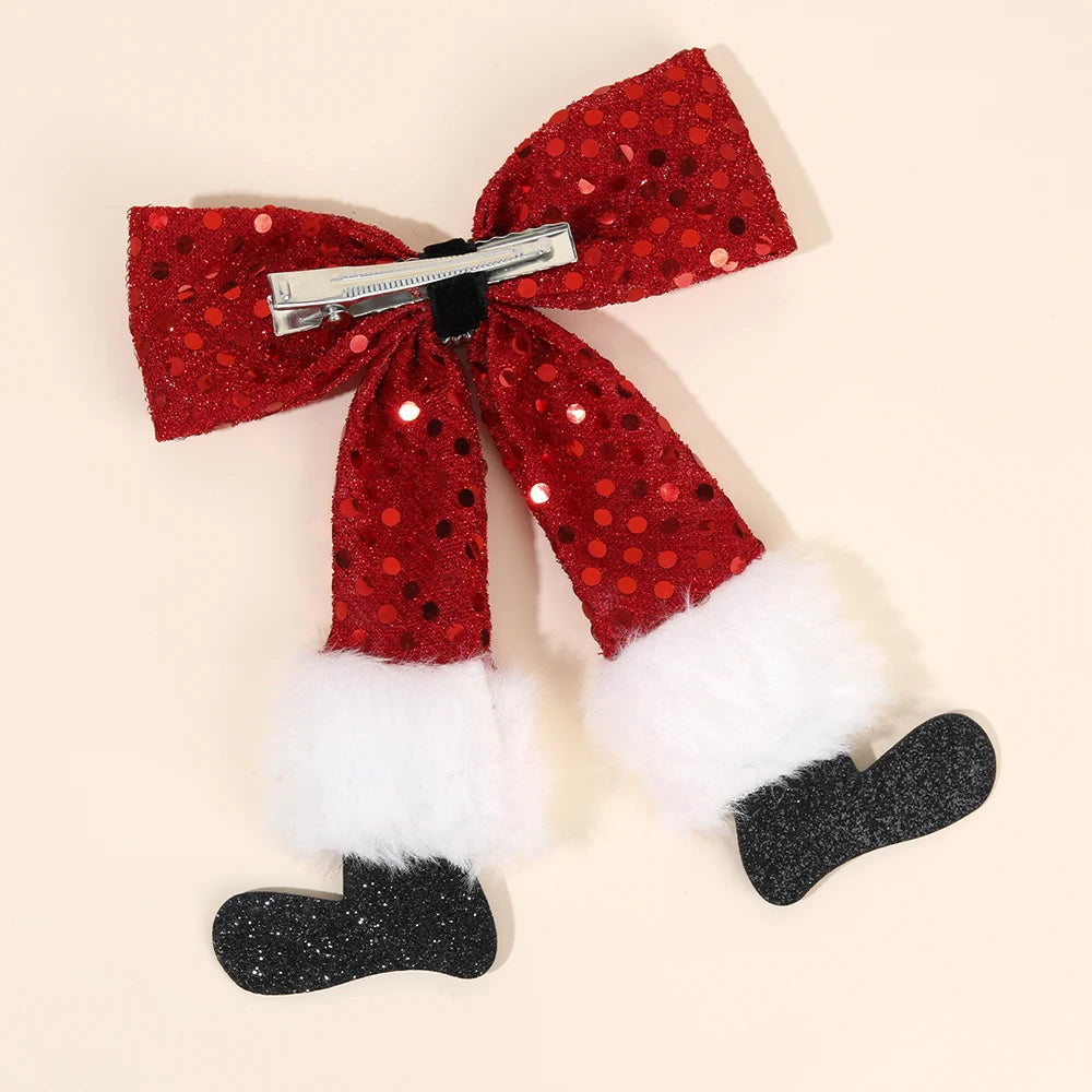 New Christmas Hair Clips Santa Pants Hairpins Red Sequin Bows Barrette For Girls Xmas Party Decor Headwear Hair Accessories