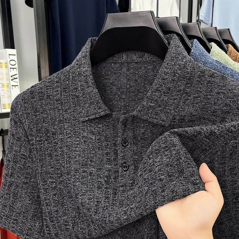 Men's Ribbed Knit Polo Tee - Soft Stretch, Three-Button Lapel