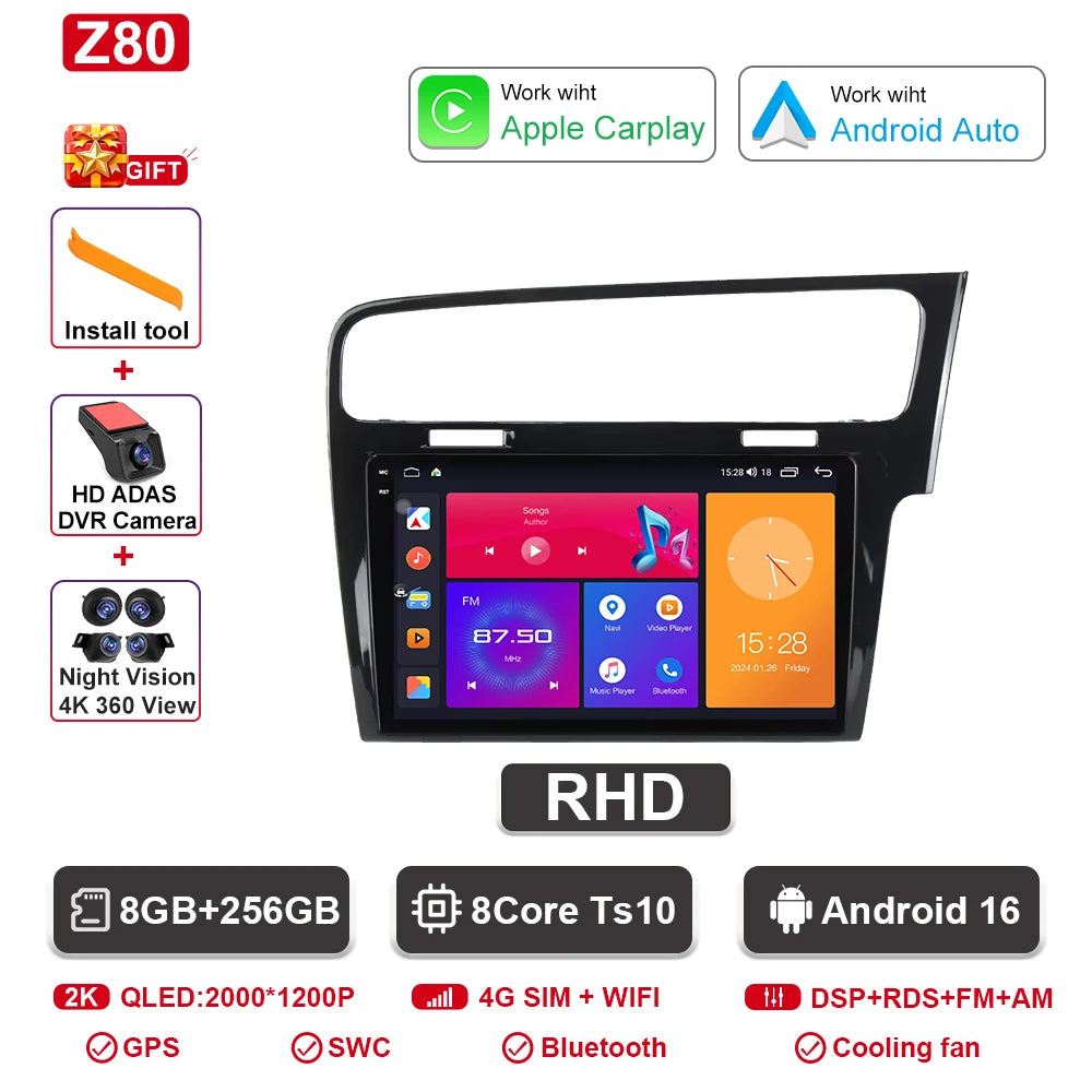 Android Car Stereo for VW Golf 7 MK7 GTI (2012–2021, RHD) — CarPlay, Android Auto, GPS, 2-DIN