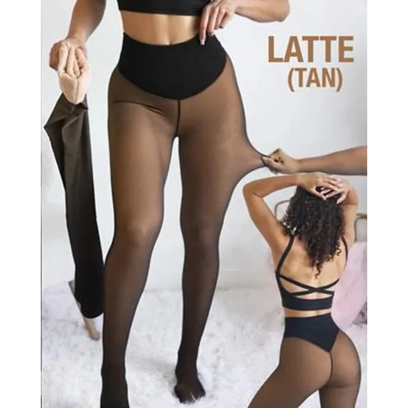 One-Seam Fleece Lined Tights - Sheer-Look Thermal Leggings, Plus Size - photo 2