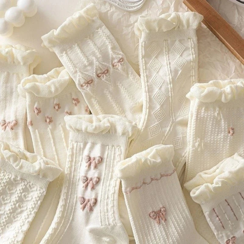 Women's Mid-Tube Socks 5/10 Pairs - Cute Bow & Floral