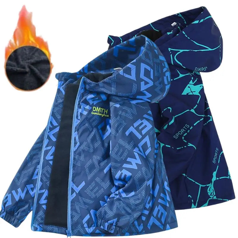Boys Hooded Windbreaker Jacket - Thick Winter Outdoor Coat