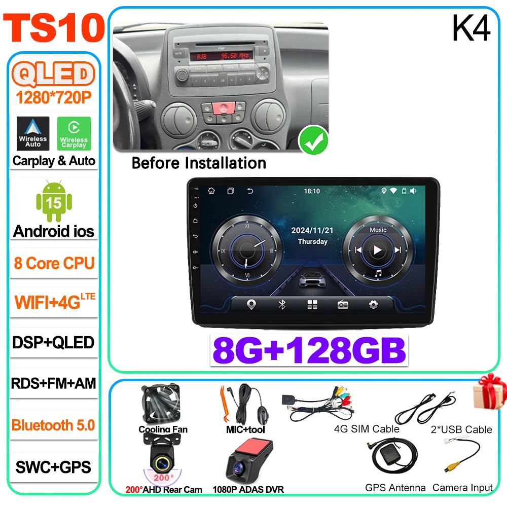 Car Stereo with Apple CarPlay & Android Auto, Compatible with Fiat Panda 169 (2003-2012)