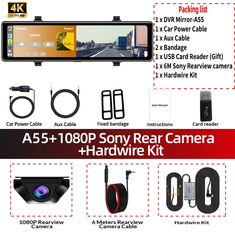 Acceo 4K WIFI Dashcam RearView Mirror DVR Support Rear View Camera Wireless Carplay Android Auto Video Recorder Camera Black Box