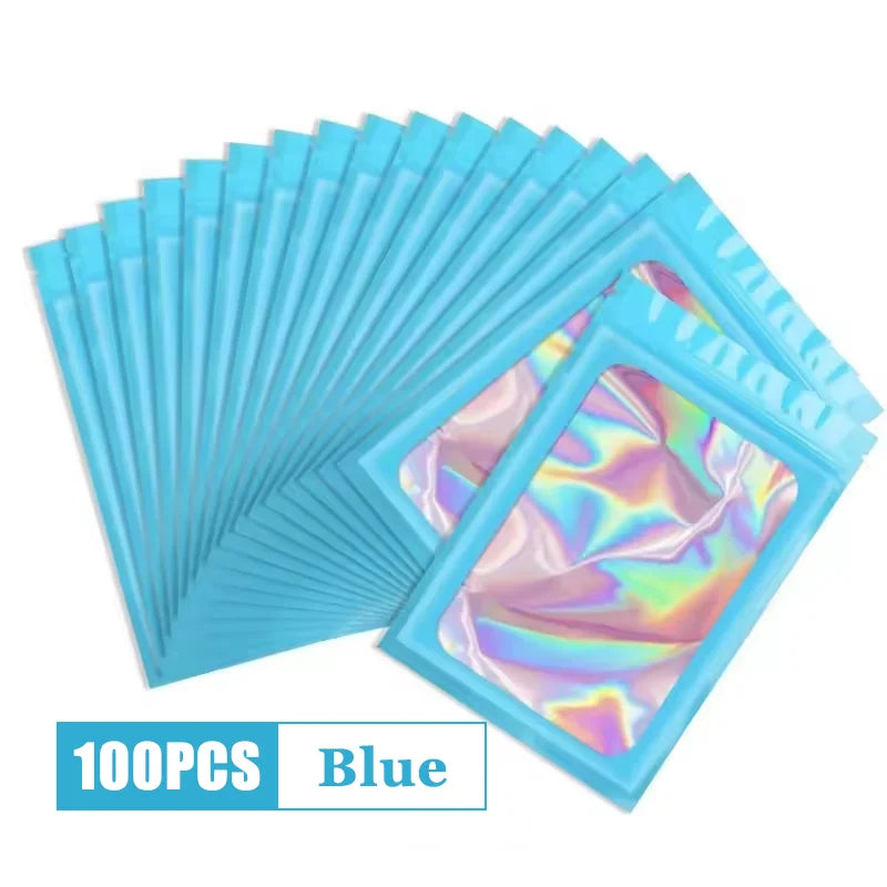 100Pcs Holographic Ziplock Bags Plastic Laser Iridescent Zip Bags for Manicure Eyelash Display Earrings Ring Jewelry Storage Bag