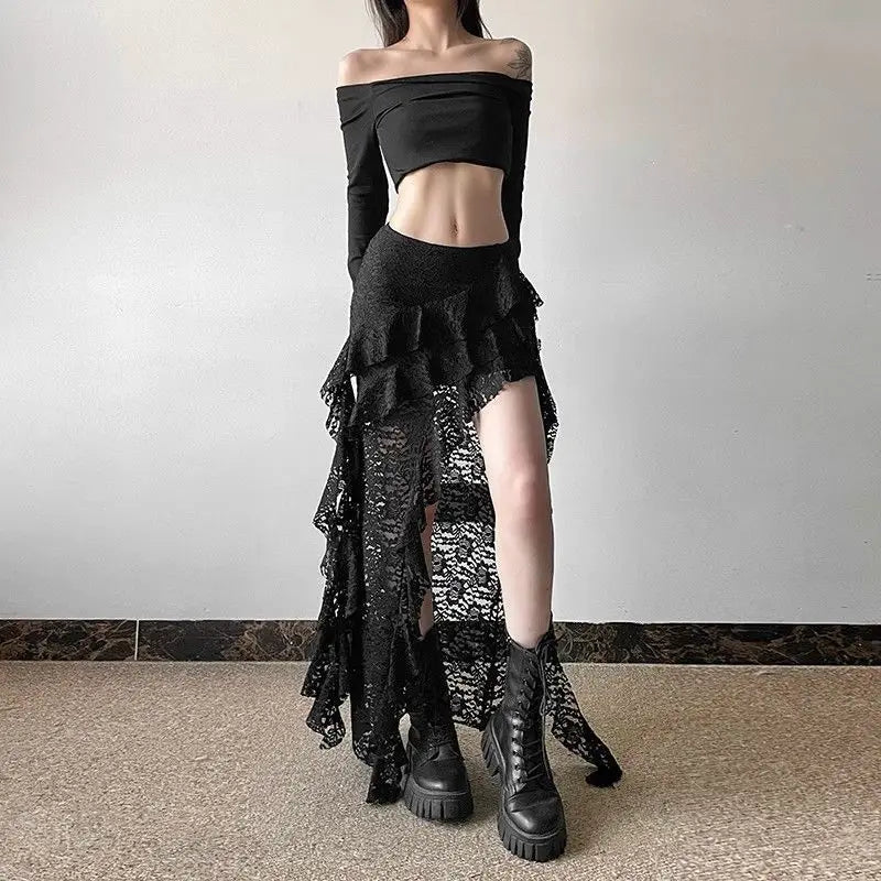 Tassels Women Skirts Irregular Hem Multi-Layered Ruffles Lace Ruffles Patchwork Sweet Skirts Sexy High Waist Y2k Party Clubwear