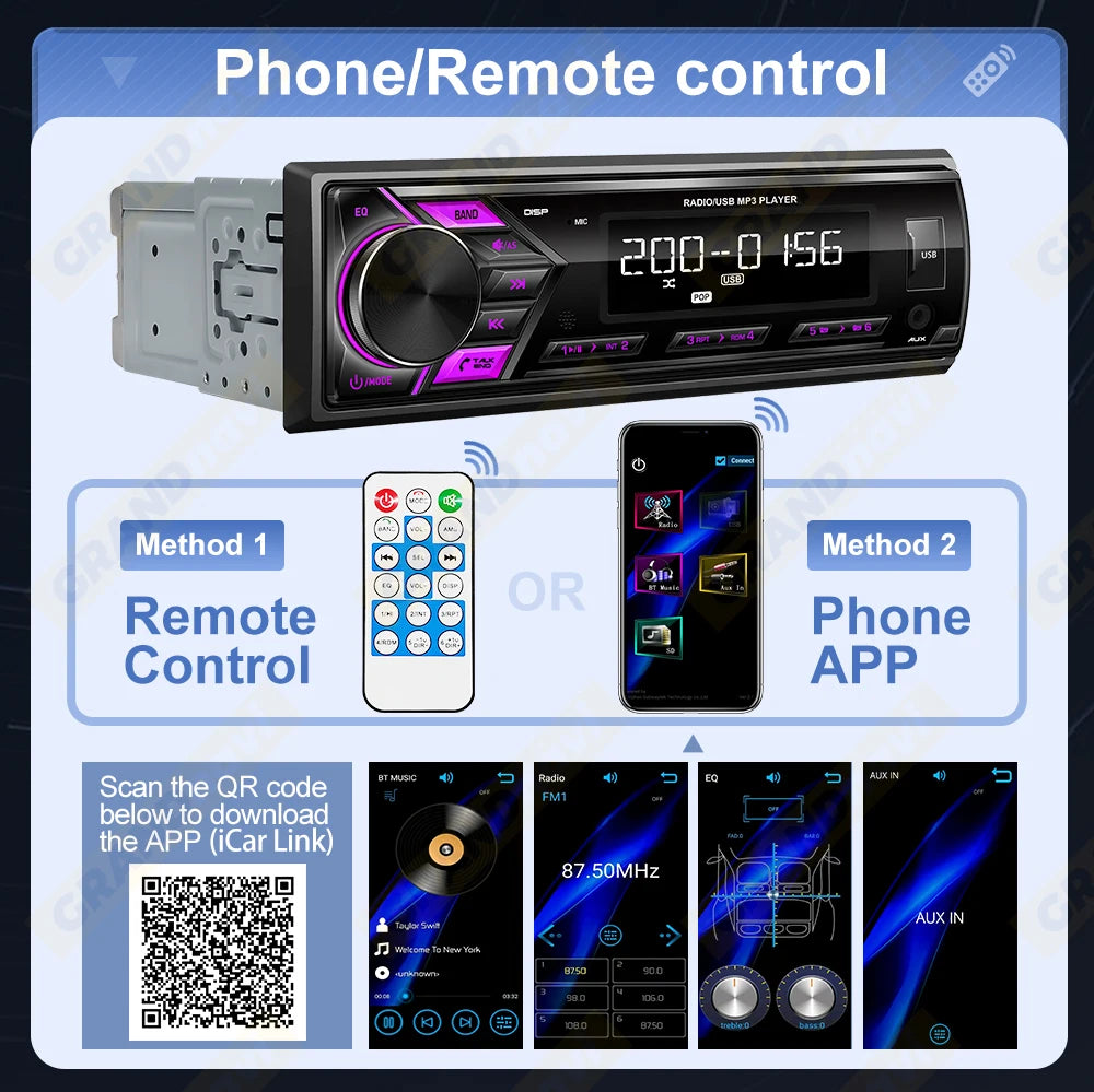 1-DIN Car MP3 Receiver — Detachable Panel, Bluetooth, USB/AUX, FM Radio, Remote Control