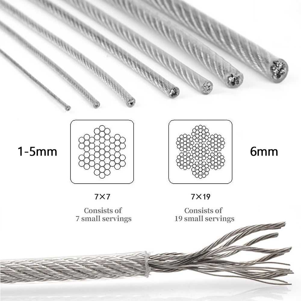 Steel Wire Rope Transparent Color PVC Plastic Coating 1.0-6mm 304 Stainless Cable Used For Clotheslines 5M/10M/20M/50M/100M