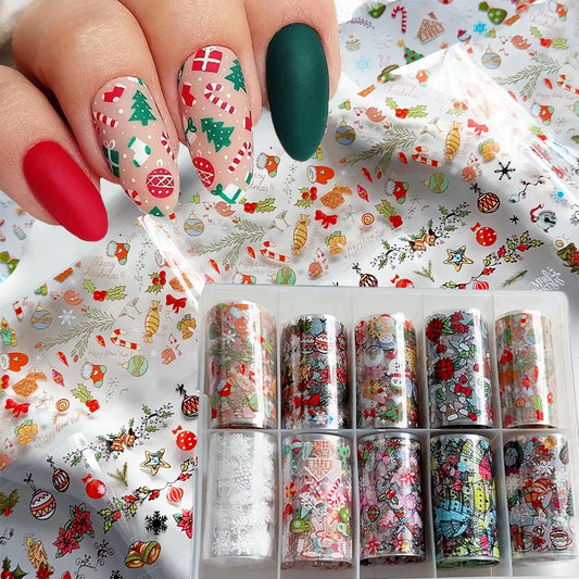 10 Roll Christmas Nail Art Foils - Snowflake, Tree and Snowman Transfer Stickers