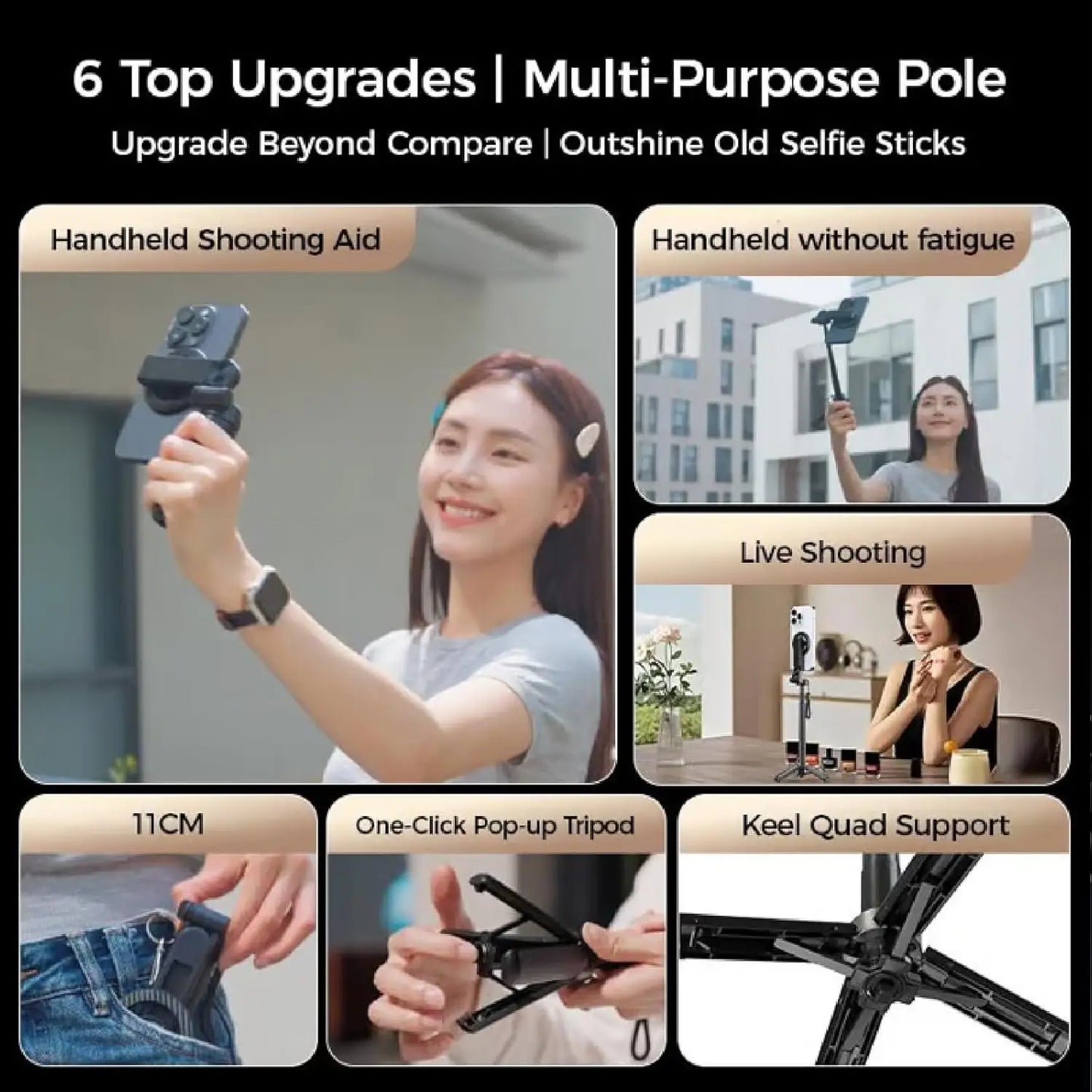 Magnetic Pocket Selfie Stick, 4 in 1 Magnetic Selfie Stick Tripod Stand for iPhone, 360° Rotation Extendable Detachable Tripod