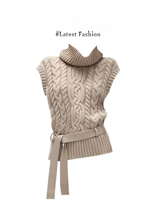 Women's High-Collar Sleeveless Twist-Knit Sweater Vest with Belt