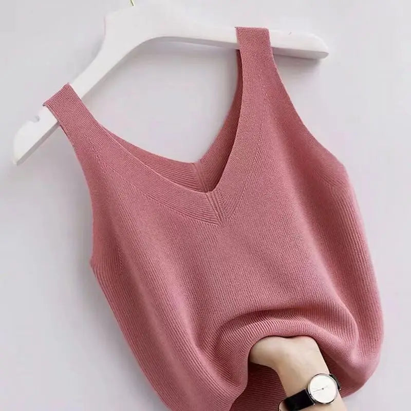 Plus Knit Tank Top V-Neck Ice Silk Sleeveless 2026 Summer Clothing Vests for Women Korean Fashion Loose Elegant Casual Cami Top