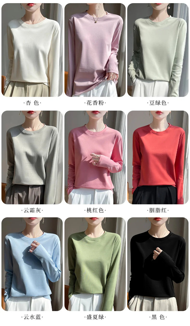 Spring And Summer New Mercerized Cotton Long Sleeve T-shirt Women's Round Neck Loose 100% Cotton Bottoming T-shirt